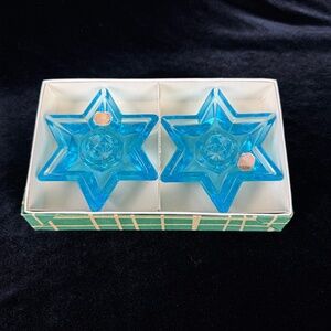 2 Blue Star of David Candleholders Vintage MCM Bohemian Glass Original Box